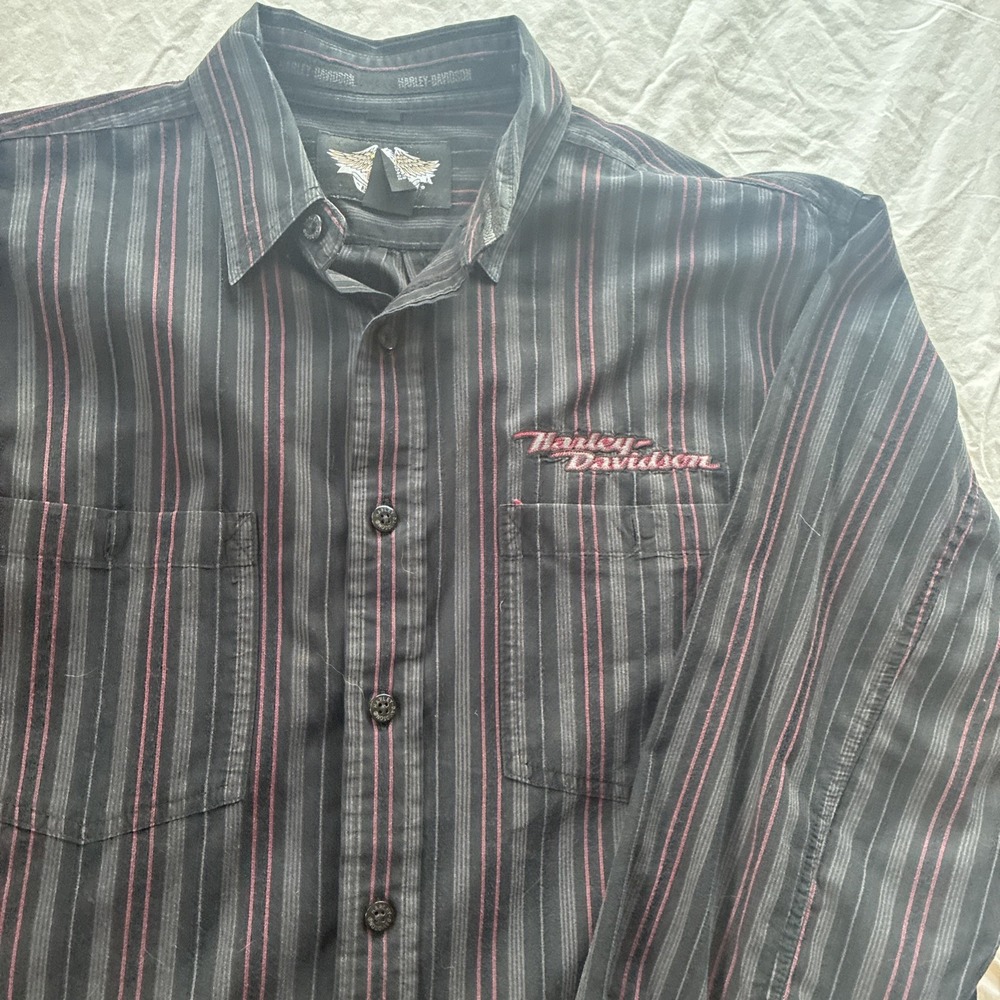 Harley-Davidson Men's L Red Black Cotton Striped Long Sleeve Shirt Embroidered